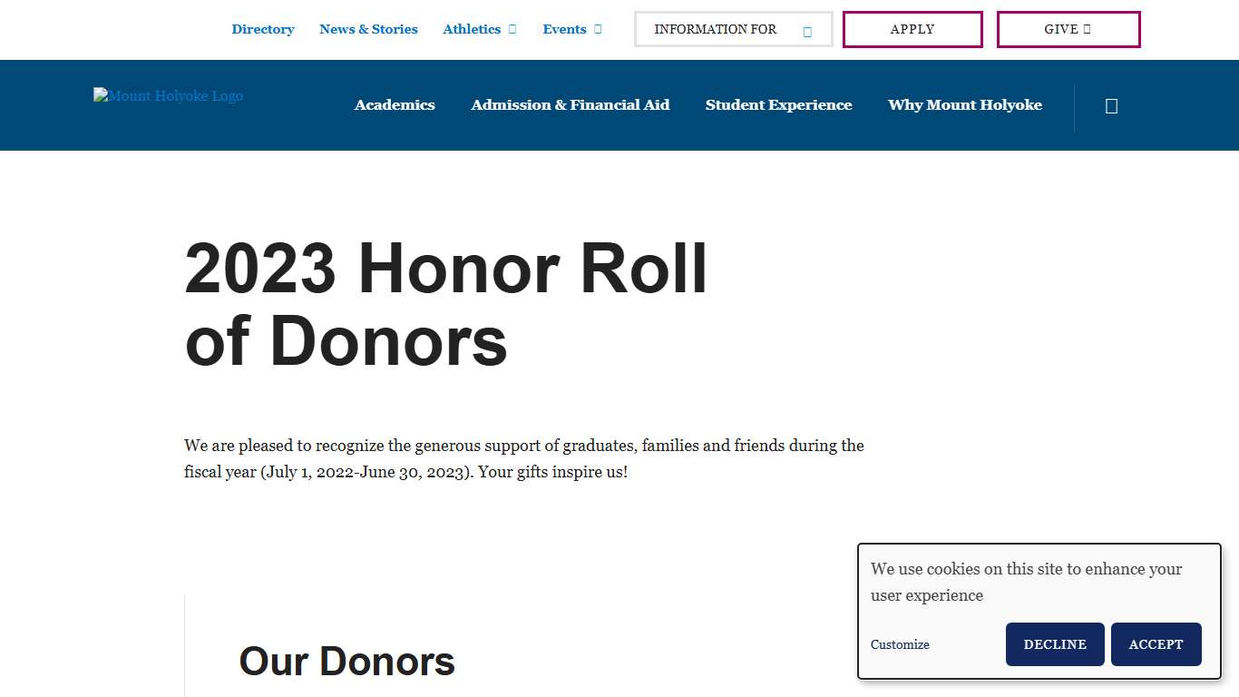 2023 Honor Roll of Donors Mount Holyoke College
