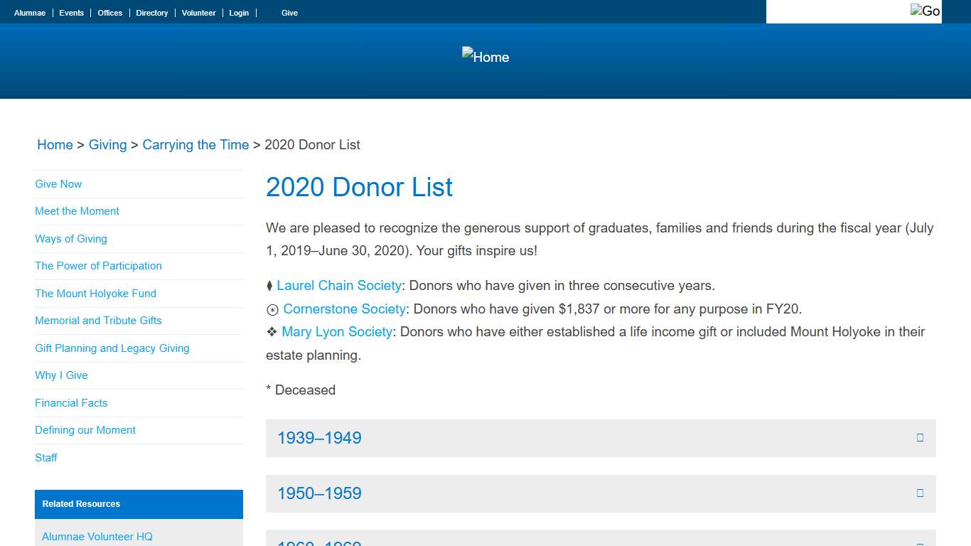 2020 Donor List Mount Holyoke College