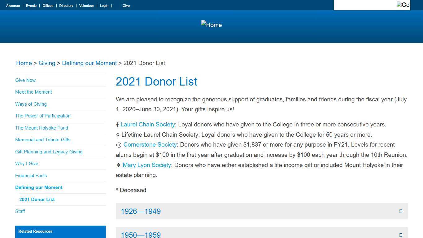 2021 Donor List Mount Holyoke College