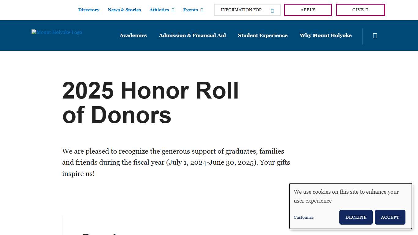 2025 Honor Roll of Donors Mount Holyoke College